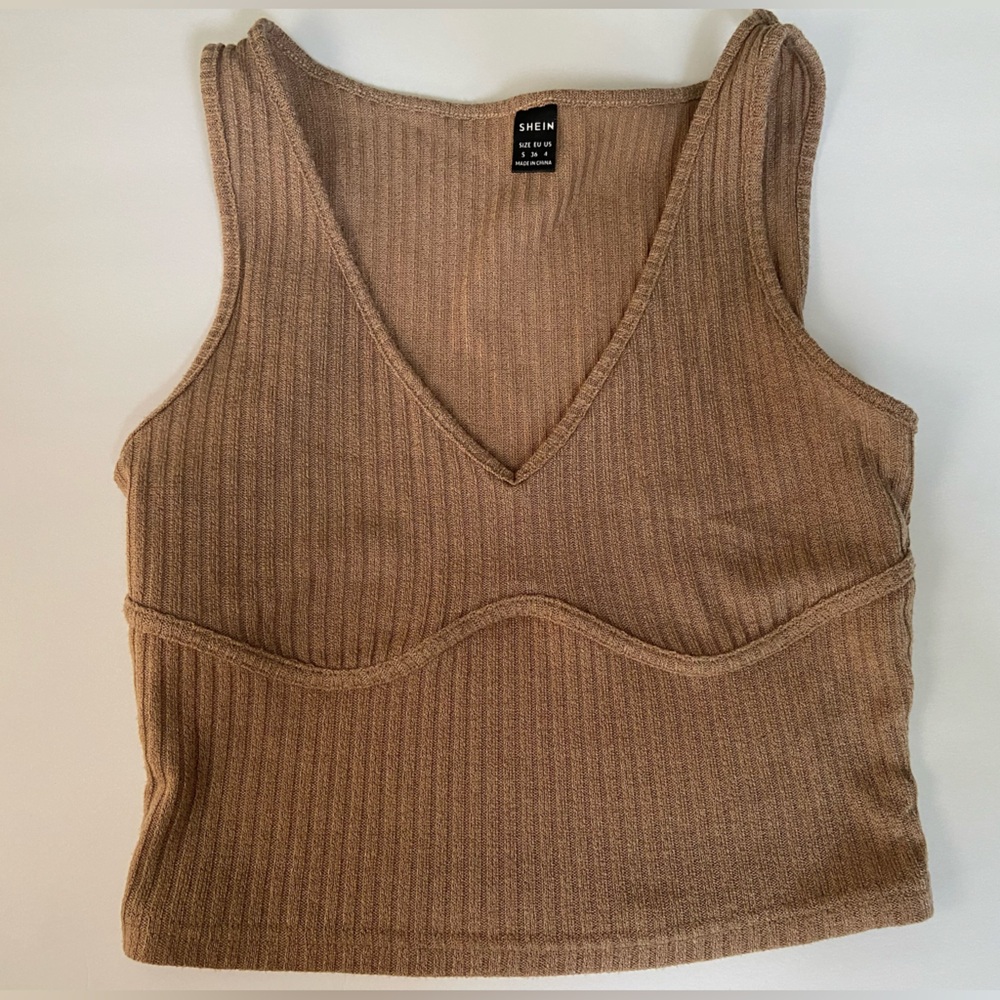 SHEIN Tan Ribbed Knit V-Neck Top